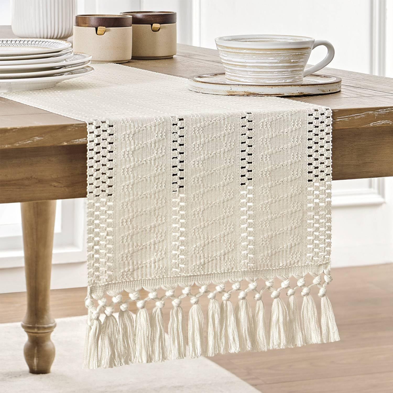 Home Office News - Beige Boho Linen Table Runner with