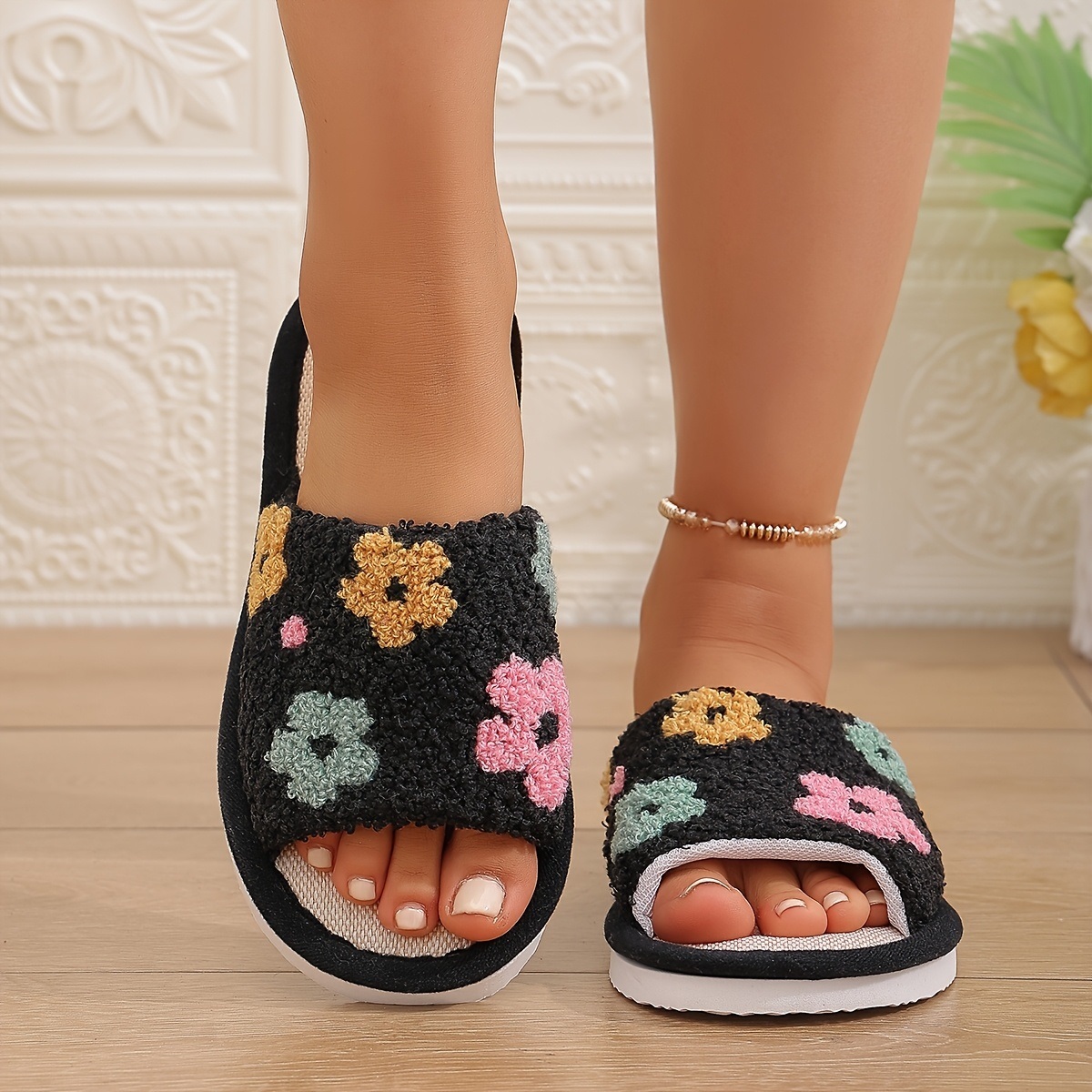 Home Office Size - Women's Floral Print Open-Toe Slippers, Indoor
